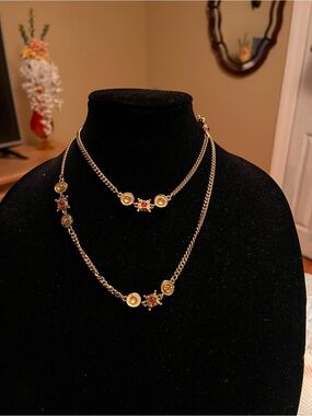 VINTAGE Gold Long Feminine Layering Necklace with Crystal-Like Stones